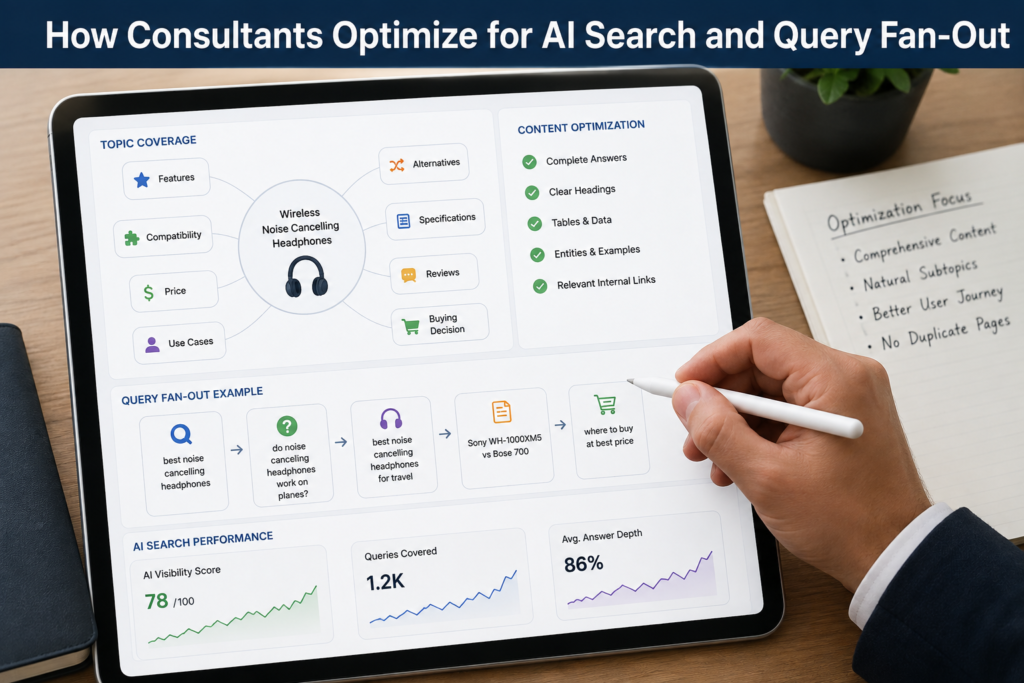 Ecommerce SEO consultants optimizing content for AI search with query fan-out analysis, topic coverage, content optimization, and AI search performance metrics.