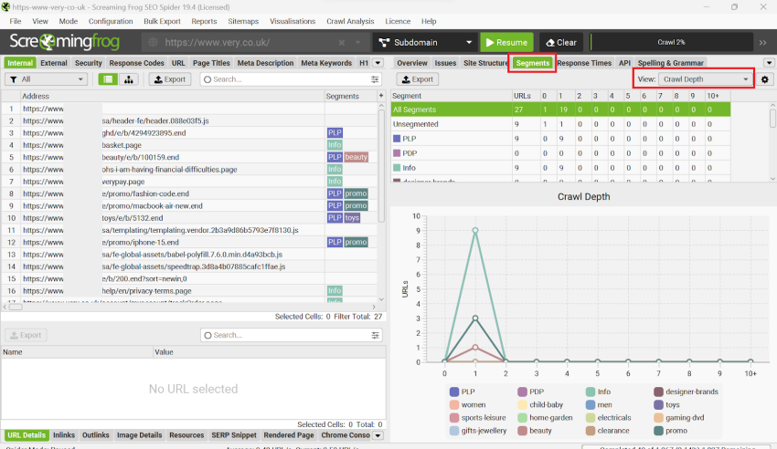 Screaming Frog crawl depth audit for ecommerce product pages.