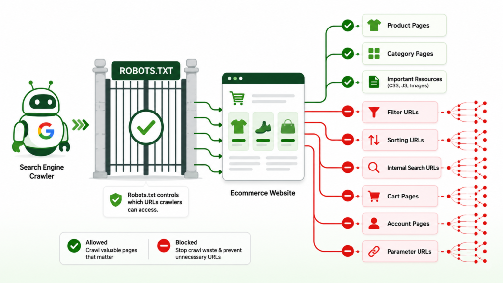 Robots.txt controls ecommerce crawler access to allowed and blocked URLs.
