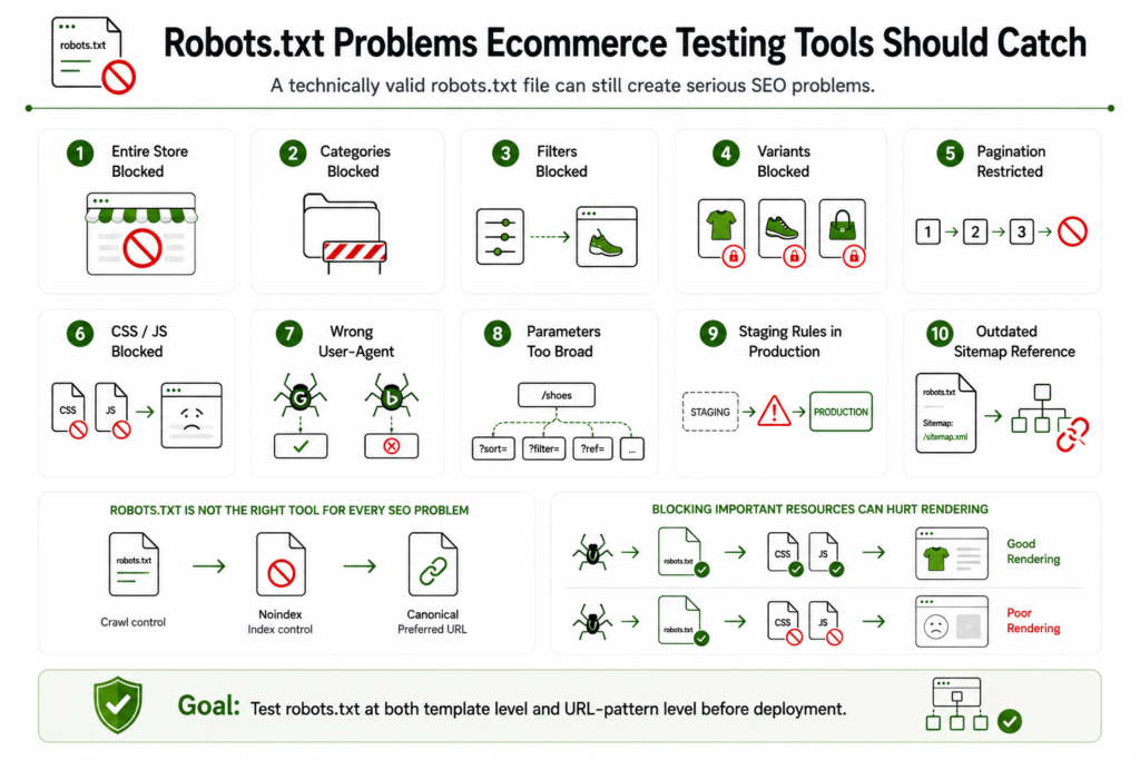 Robots.txt problems ecommerce testing tools should detect.