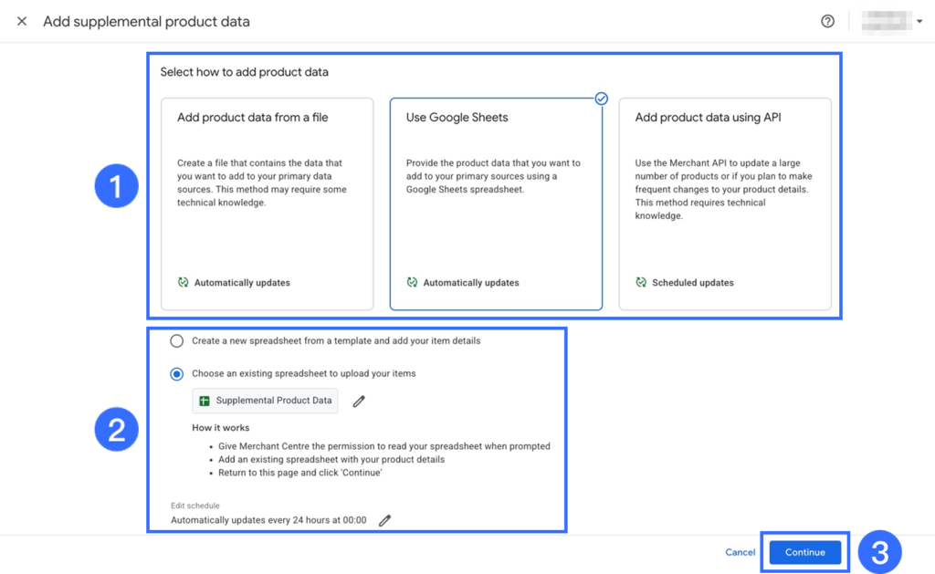 Screenshot titled “Use Merchant Center as a Product Data Source” showing Google Merchant Center’s supplemental product data setup. Three numbered callouts highlight selecting Google Sheets as the data source, choosing an existing spreadsheet with automatic daily updates, and clicking Continue.