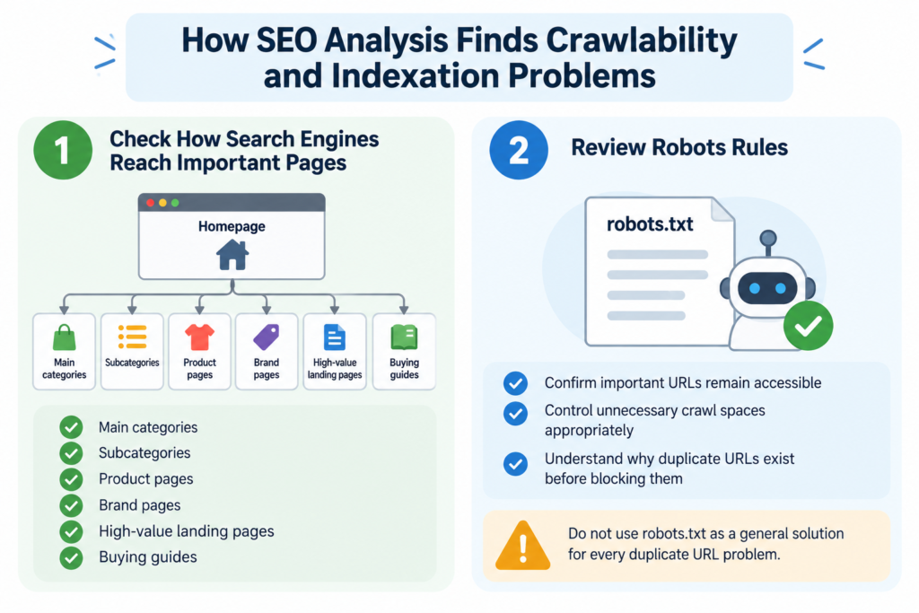 SEO analysis infographic showing how to find crawlability and indexation problems by checking site architecture, important page access, and robots.txt rules.