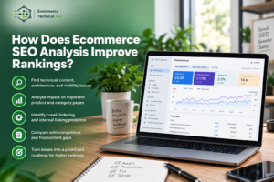 Ecommerce SEO analysis dashboard showing rankings, clicks, impressions, and a technical SEO audit roadmap