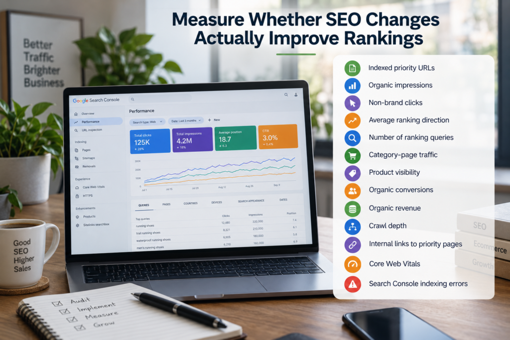 Ecommerce SEO analysis dashboard measuring ranking improvements through indexed URLs, organic impressions, clicks, conversions, crawl depth, Core Web Vitals, and indexing errors.
