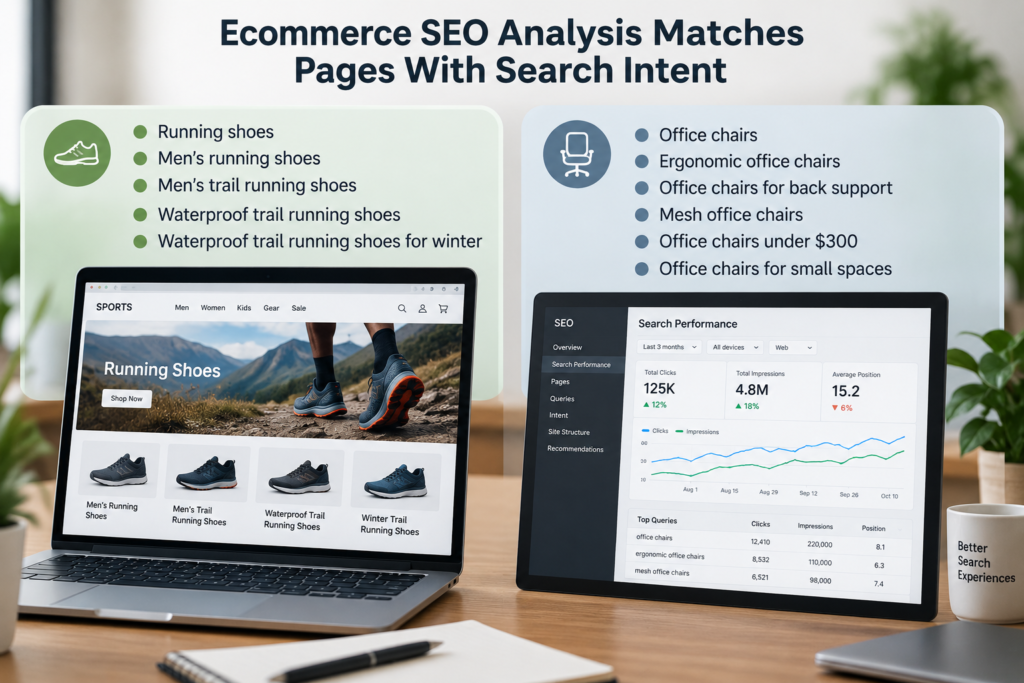 Ecommerce SEO analysis matching product and category pages with search intent using keyword groups for running shoes and office chairs alongside search performance data.