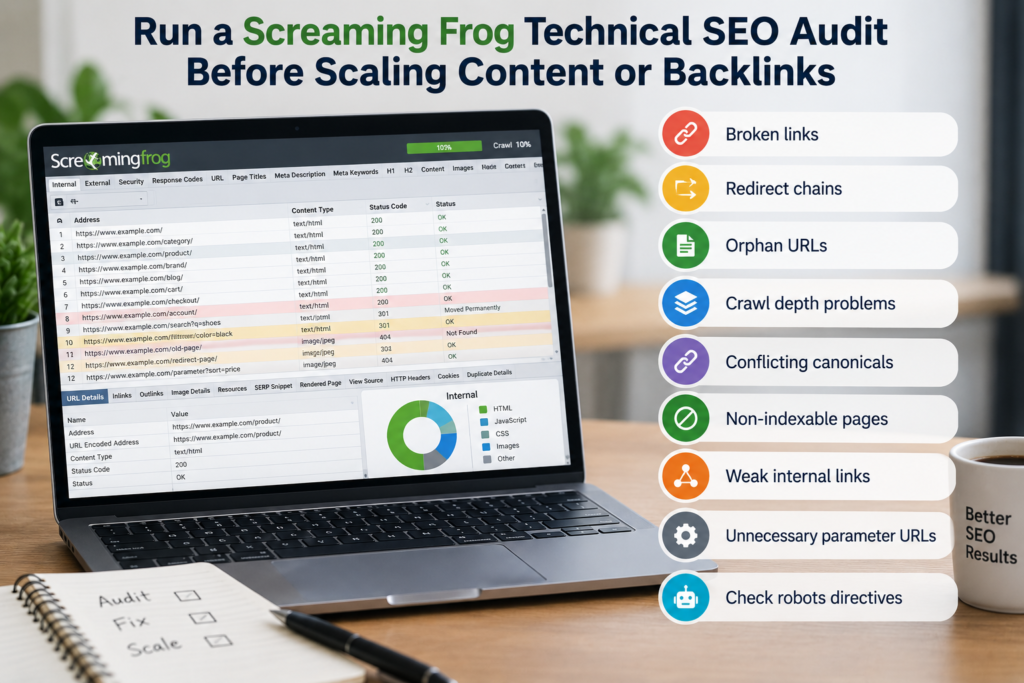 Screaming Frog technical SEO audit identifying broken links, redirect chains, orphan URLs, crawl depth issues, conflicting canonicals, non-indexable pages, weak internal links, parameter URLs, and robots directives.

