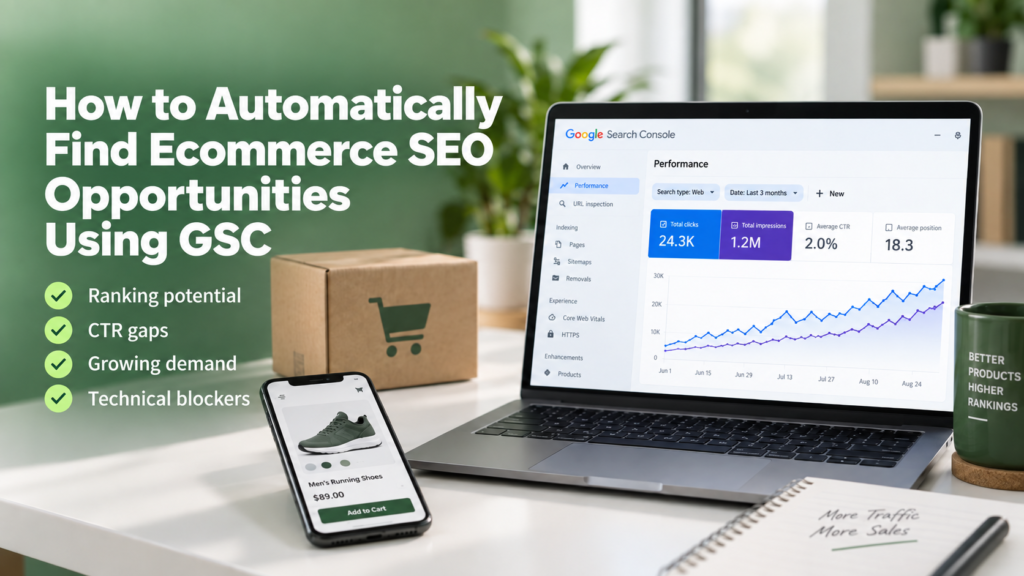 Automated ecommerce SEO audit guide showing a laptop dashboard, SEO checklist, and workflow automation concept.