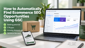 Automated ecommerce SEO audit guide showing a laptop dashboard, SEO checklist, and workflow automation concept.