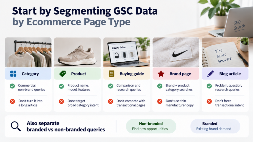 Ecommerce SEO segmentation guide showing Google Search Console data grouped by category, product, buying guide, brand, and blog page types, with branded and non-branded queries separated.