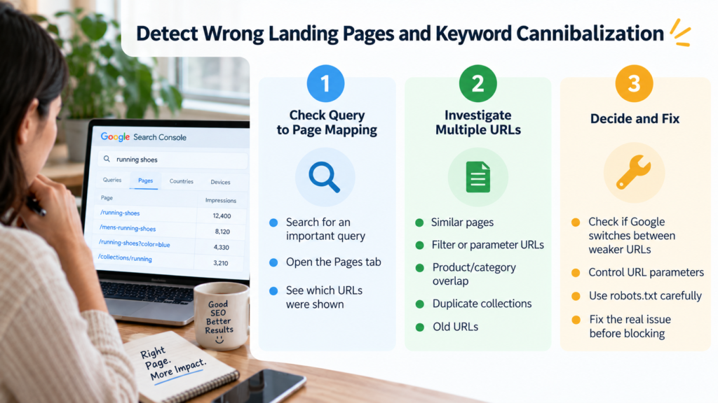 Google Search Console workflow for detecting wrong landing pages and keyword cannibalization by checking query-to-page mapping, investigating multiple ranking URLs, and fixing URL conflicts.