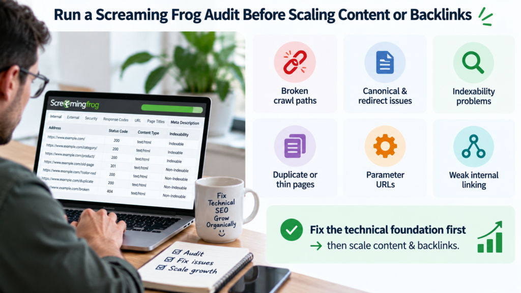Screaming Frog SEO audit showing broken crawl paths, canonical and redirect issues, indexability problems, duplicate pages, parameter URLs, and weak internal linking before scaling content or backlinks.