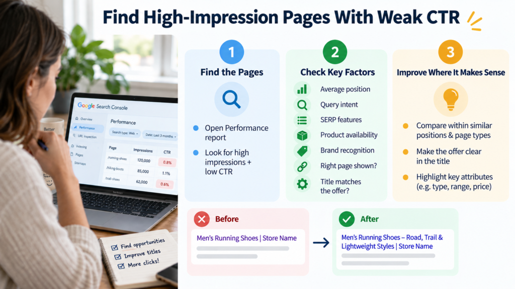 Google Search Console workflow for finding high-impression ecommerce pages with low CTR, checking ranking and query factors, and improving page titles to increase clicks.