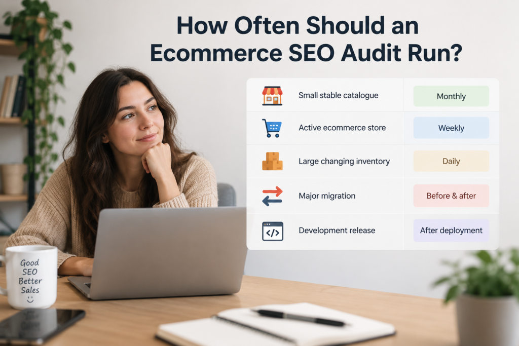 Ecommerce SEO audit frequency guide showing monthly audits for small stable catalogs, weekly for active stores, daily for large changing inventories, before and after major migrations, and after development deployments.