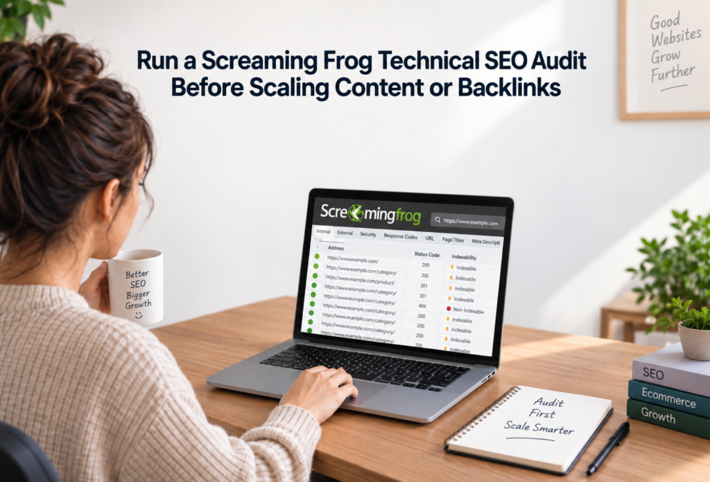 Woman reviewing a Screaming Frog technical SEO audit on a laptop before scaling ecommerce content or backlinks.